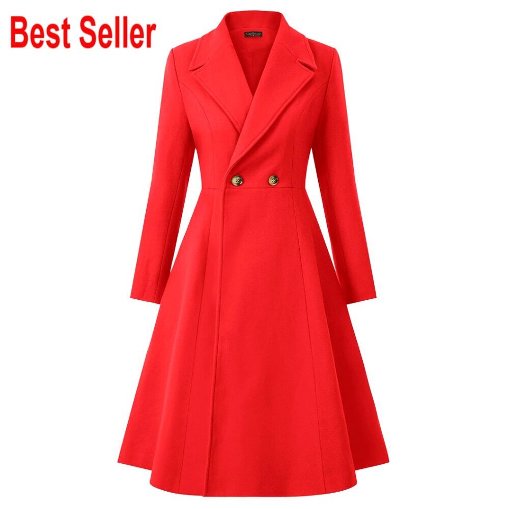 Double Breasted Pea Coat A-Line Trench Winter Dress Coat with Pockets